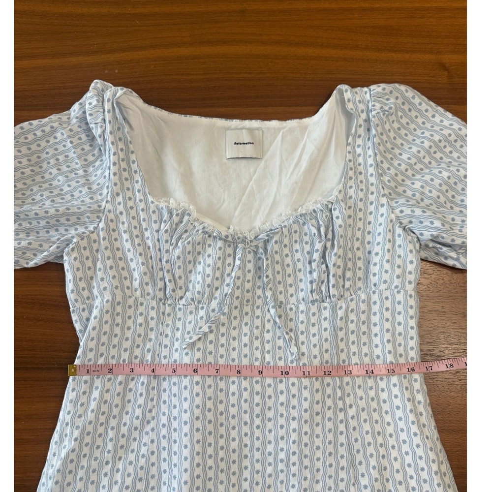 Reformation Cherise Linen Midi Dress Size 12 Blue Floral Regency Milkmaid - Picture 8 of 14